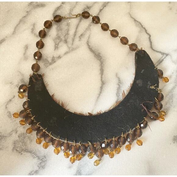 Handmade Bohemian Collar Necklace Feathers Faux Crystals Festival Ren Fest Faire - Picture 3 of 4
